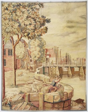 MÜNCHENER GOBELIN-MANUFAKTUR (gegründet 1908), Wandteppich mit Genreszene - ein Steinmetz bei der Arbeit