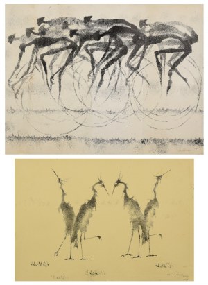 Bronisław CHROMY (1925-2017), Coppia di litografie - Ciclisti e uccelli masuriani