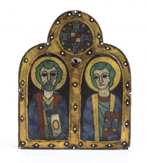 Smaltovaná španielska plaketa zobrazujúca dvoch svätcov