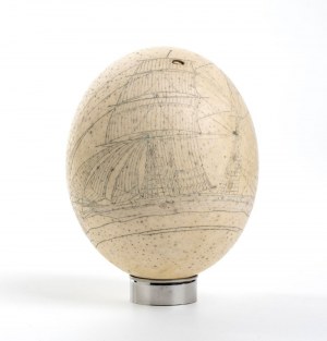 Engraved ostrich egg on metal base