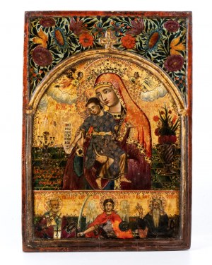Orthodoxe Ikone, die Madonna mit Kind und Schriftrolle darstellt