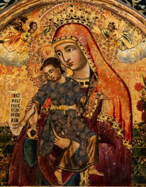 Orthodoxe Ikone, die Madonna mit Kind und Schriftrolle darstellt