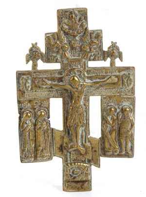 Russische Reise-Ikone aus Bronze, die das orthodoxe Kreuz darstellt