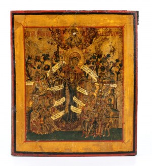 Russische Ikone, die eine Madonna mit einer Synaxis von Heiligen darstellt