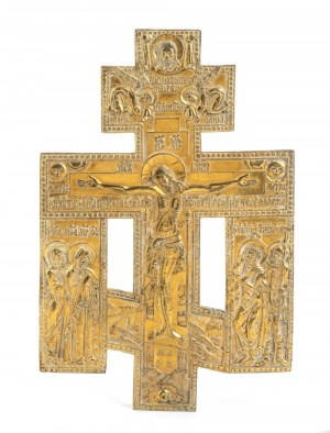 Ruská bronzová cestovní ikona zobrazující pravoslavný kříž