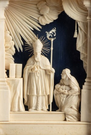 Geschnitzte Knochengruppe mit der Darstellung des Heiligen Blasius