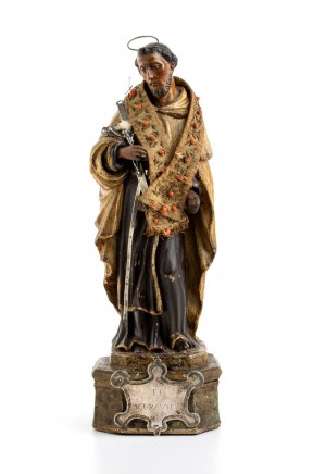 Sizilianischer hölzerner Almoner mit der Darstellung des Heiligen Albert