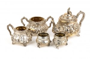 Angielski wiktoriański srebrny serwis do herbaty i para solniczek