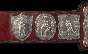 Rare English Victorian wrestling champion's belt with silver and gold appliqués