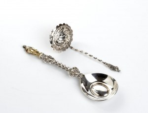 Sterling silver spoon and strainer with apostles