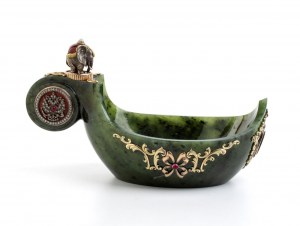 An important nephrite jewelled and guilloché enamel kovsh, signed Fabergé