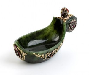 An important nephrite jewelled and guilloché enamel kovsh, signed Fabergé