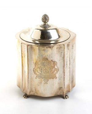 Silver biscuit jar with coat of arms of the Worshipful Society of Apothecaries