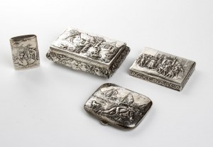 Two snuff boxes, a cigarette case and a silver match box