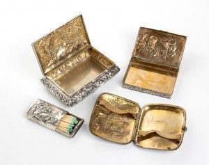 Two snuff boxes, a cigarette case and a silver match box