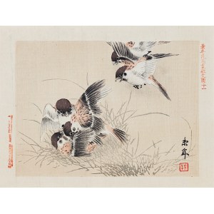Imao Keinen (1845-1924), Bawiące się wróble, Osaka, 1892
