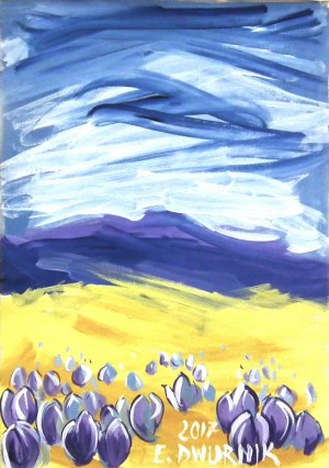 Edward Dwurnik(1943-2018), Paesaggio con crochi, 2017