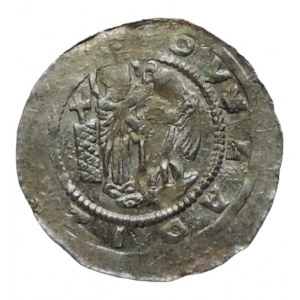 Vladislav II. 1140-1172, denár Cach 587 na rubu 2 kuličky vlevo