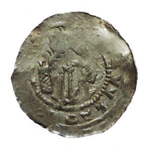 Vladislav II. 1140-1172, denár Cach 587 na rubu 3 kuličky vlevo nad sebou