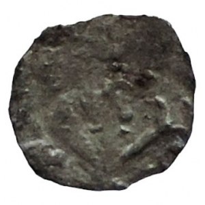 Jošt, markrabě moravský 1375-1411, haléř korunované IO/kříž s gotickou majuskulou M