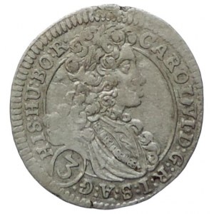 Karel VI. 1711-1740, 3 krejcar 1713 b.zn. Praha-Ritter