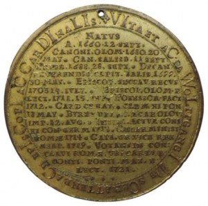 Olomouc biskupství, Wolfgang Schrattenbach 1711-1738, medaile životopisná 1721 bronz zlacený