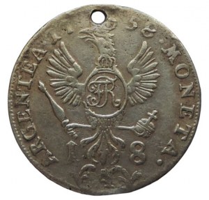 Prusko, Friedrich II. 1740-1786, 18 groš 1758 dírka