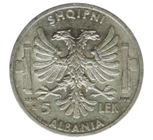 Albania, Italian occupation 1939 - 1943, 5 lek 1939
