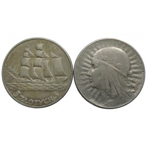 Poland, Republic, 5 zlotys 1933 Jadwiga + 5 zlotys 1936 ship 2pcs