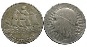 Polen, Republik, 5 Zloty 1933 Jadwiga + 5 Zloty 1936 Schiff 2Stück