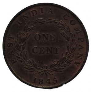 Východoindická společnost, Viktorie, 1 cent 1845 Cu patina R