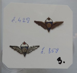 Miniaturen von Abzeichen aus dem Jahr 1958 für Sportler - silbernes Abzeichen Nr. 359 und für Fallschirmsprunglehrer - goldenes /versilbertes Emblem/ Nr. 429