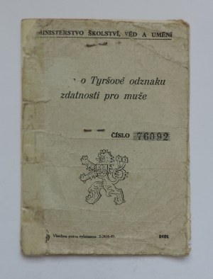 Order and completed record for obtaining the Tyrš badge of proficiency from 1949