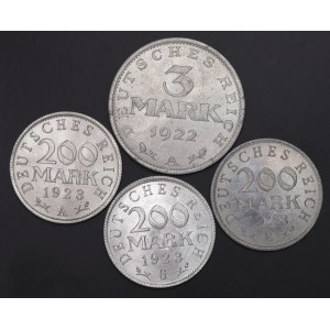 Niemcy, 1 x 3 marki, 3 x 200 marek - zestaw 4 sztuk