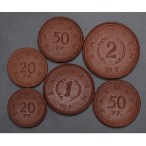 Niemcy, Saksonia, 2 x 20 fenigów, 2 x 50 fenigów, 1 marka, 2 marki 1921 - zestaw 6 sztuk
