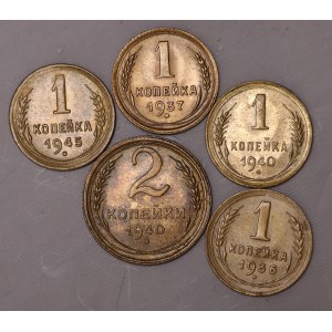 Russia, 4 x 1 kopecks 1936, 1937, 1940, 1945, 2 kopecks 1940- set of 5 pieces