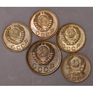 Russia, 4 x 1 kopecks 1936, 1937, 1940, 1945, 2 kopecks 1940- set of 5 pieces