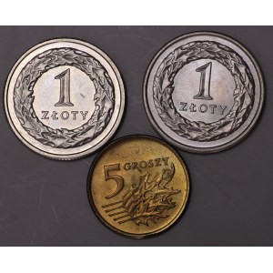 Polska, 5 groszy 1991, 2 x 1 złoty 1992, 1993 - zestaw 3 sztuk