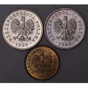 Polska, 5 groszy 1991, 2 x 1 złoty 1992, 1993 - zestaw 3 sztuk