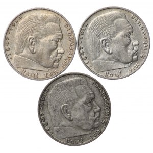 Germany, Third Reich, 2 marks 1936, 1937, 1938 Hindenburg - set of 3 pieces