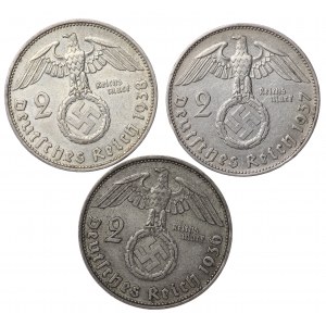 Germany, Third Reich, 2 marks 1936, 1937, 1938 Hindenburg - set of 3 pieces