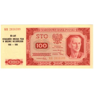 Polska, 100 złotych 1948, seria KR, z pamiątkowym nadrukiem - XX-LAT DZIAŁALNOŚCI ODDZIAŁU PTAiN W GORZOWIE WIELKOPOLSKIM 1966-1986