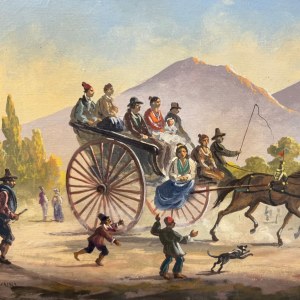 GIANNI, Szene mit Figuren und einer Kutsche am Fuße des Vesuvs - Gianni