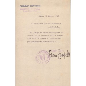 LETTERA ASSEMBLEA COSTITUENTE D.C. a firma Enrico Zampetti