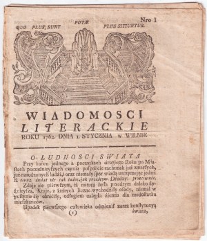 První noviny na podporu vědy, 1762, Wiadomości Literackie roku 1762 dnia 1 stycznia w Wilnie.