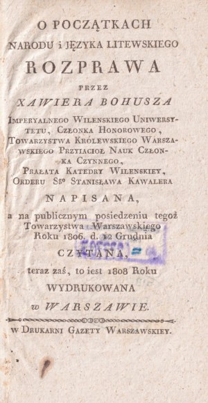 Bogušas sur la nation lituanienne, 1808, Bogušas, Ksaveras Pranciškus (Bohusz Franciszek Ksawery Michał, 1746-1820)