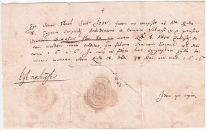 Půjčka vilniuskému semináři, 1616, dlužní úpis, na jehož základě si jezuita Simon půjčuje od arciděkana a kanovníka vilniuské katedrály Grigaluse Sventickise 50 florénů pro litevský seminář. Zprostředkovatelem půjčky je notář Albertas Žab.