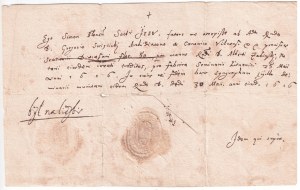 Prêt au séminaire de Vilnius, 1616, billet à ordre par lequel le jésuite Simon emprunte 50 florins à l'archidiacre et chanoine de la cathédrale de Vilnius, Grigalus Sventickis, pour le séminaire lituanien. Le notaire Albertas Žab est l'agent du prêt.
