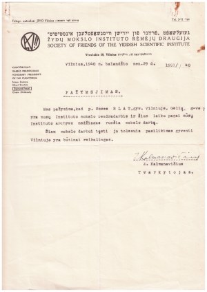 Jewish Institute of Science YIVO, 1940, Certificate of the Jewish Institute of Science YIVO, April 29, 1940, issued by Moses Blat.