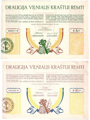 Gesellschaft zur Unterstützung der Region Vilnius, 1940, Spendenscheine zur Unterstützung der Gesellschaft der Region Vilnius, 5 und 10 Dollar